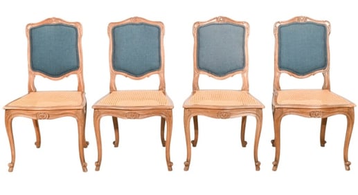 4 French Carved Upholstered Wicker Bottom Chairs