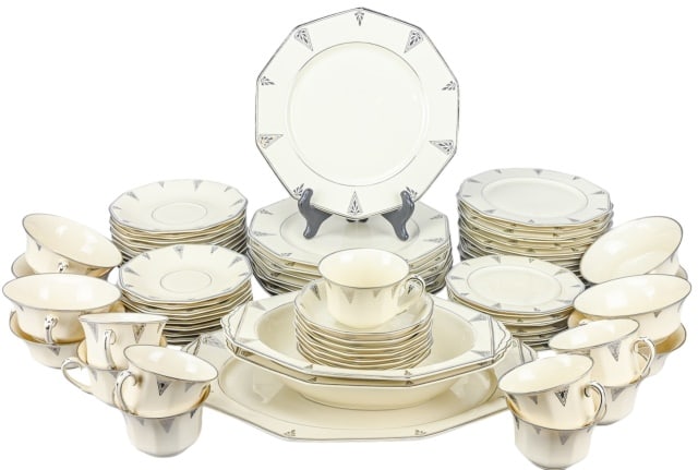Community China Deuville Porcelain Dinner Service: Community China Deuville Porcelain Dinner Service for 8. Includes dinner plate, lunch plate, Broth cup and saucer, coffee cup and saucer, fruit plate, dessert plate and 3 serving pieces. Dinner plate