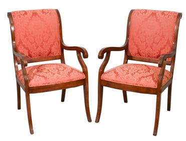 Pair Regency Style Carved Upholstered Armchairs