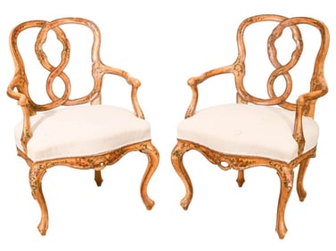 Rococo Style Carved Painted Upholstered Armchairs
