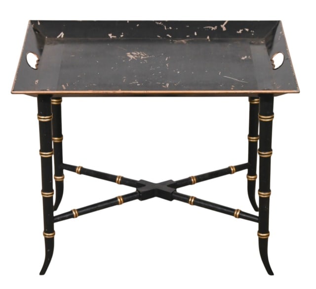 Regency Style Tole Painted Top Tray Table: Regency Style Tole Hand Painted with Gilt Top Tray Table.Measures 18 inches x 22 inches x 16 inches.