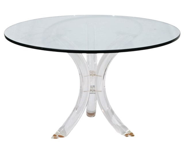 Charles Hollis Jones Tripod Lucite Round Table: Charles Hollis Jones Tripod Lucite and Glass Top Round Table.Measures 29 inches x 48 inches diameter.