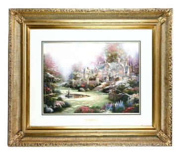 Thomas Kinkade Signed Numbered Lithograph Garden: Thomas Kinkade Signed and Numbered 1247/5850 Lithograph Titled Gardens Beyond Springs Gate Framed. Framed measures 33 inches x 39 inches, art measures 17 inches x 34 inches. There is a missing piece o