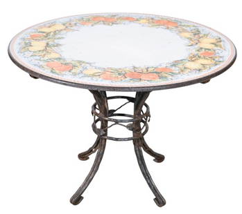 Duca Di Camastra Signed Enameled Lava Table: Duca Di Camastra Italy Signed Enameled Lava Table w/ Lemon and Orange Motif and Iron Table Base. Measures 30 Inches x 40 inches in Diameter. Good condition.