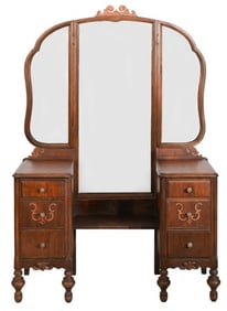Vintage Hand Carved Vanity with Tri-Fold Mirror