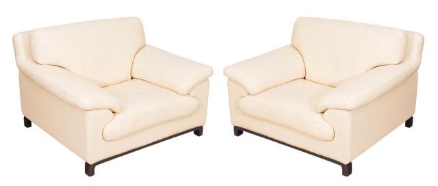 Pair Roche Bobois Cream Leather Lounge Chairs
