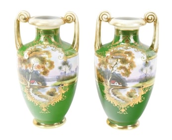 Pair Antique Noritake Hand Painted Amphora Vases