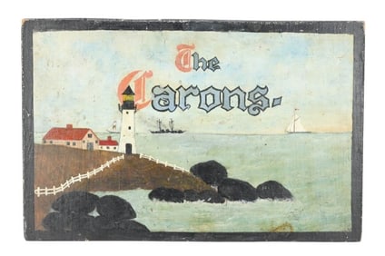 Antique Folk Art Oil on Board House Sign Shoreline