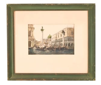 Antique Color Aquatint Etching of Venice Canal