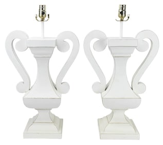 Pair Contemporary Carved White Wood Urn Form Lamps