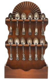Antique Set Monogrammed Sterling Spoons in Rack