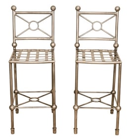 Pair Pewter Wrought Iron Counter Bar Stools