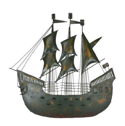 Vintage Turner Manufacturing Tole Clipper Ship: Vintage Turner Manufacturing Large Tole and Wrought Iron Clipper Ship Wall Hanging. Measures 37 inches x 36 inches.