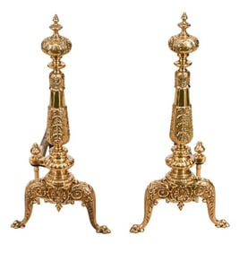 Pair French Regency Gilt Brass Ornate Andirons