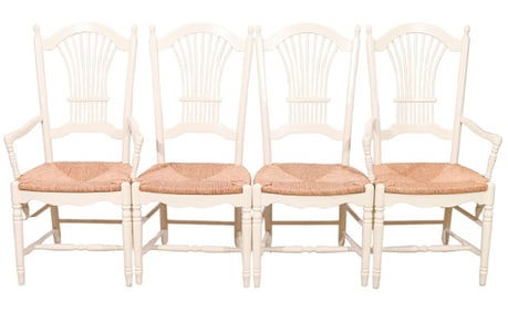 4 French Country Carved Rush Seat Dining Chairs
