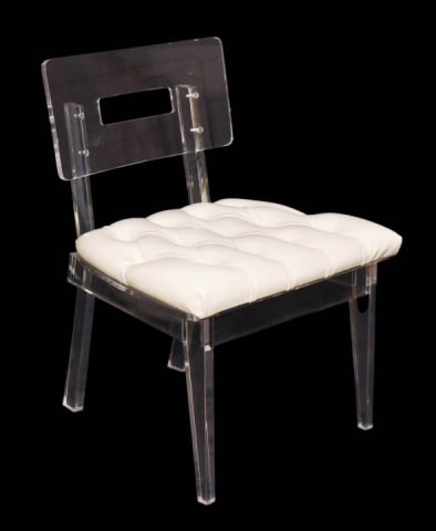 Plexi-Craft King George Acrylic Occasional Chair: Plexi-Craft King George Acrylic Occasional Chair with White Leather Seat. 2 buttons on chair seat need repair.32 x 23 x 21 x 18