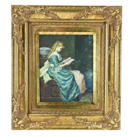 Borden Signed Victorian Style Oil Painting Women: Borden Signed Victorian Style Oil Painting of Women Reading in Parlor Living Room. Framed measures 18 inches x 16 inches, art measures 10 inches x 8 inches.