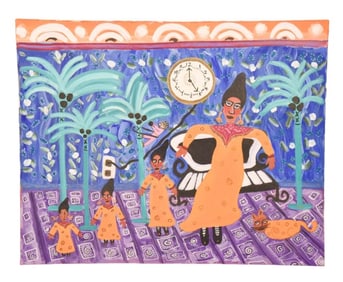 Haitian Folk Acrylic Painting of Women in Orange
