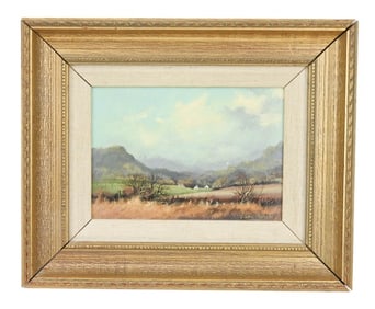 James Wright Signed Oil Painting Farm & Mountains