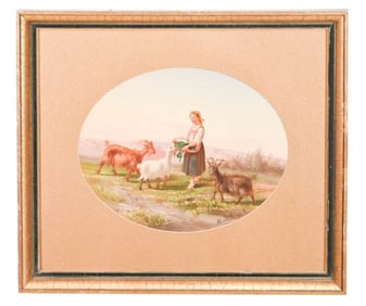 Salvatore Montullo Signed Oil Painting Girl Goats