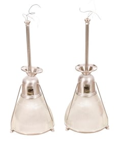 Pair Industrial Glass and Steel Pendant Lights