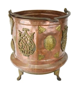 Hammered Copper Coal Scuttle Planter Brass Overlay
