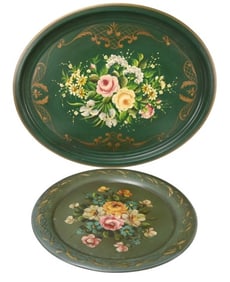 2 Hand Painted Tole Green Table Trays