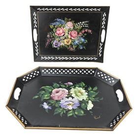 2 Hand Painted Tole Reticulated Table Trays