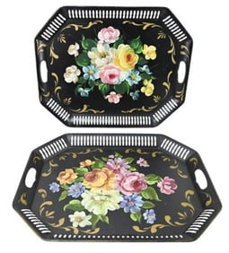 2 Hand Painted Tole Reticulated Table Trays