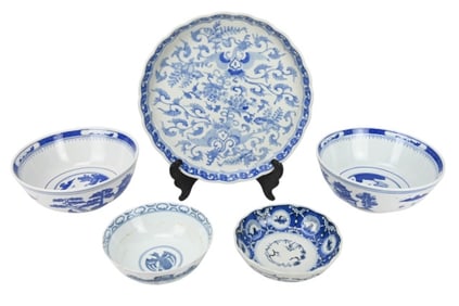 5 Chinese Blue & White Hand Painted Serving Bowls
