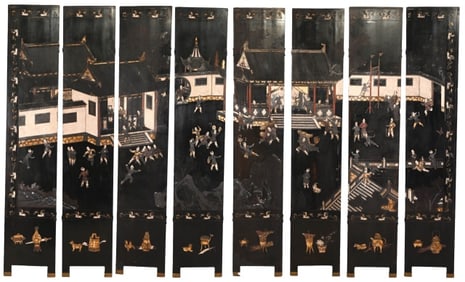 Chinese 8 Black Lacquered Panel Coromandel Screen