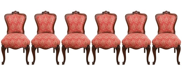 6 Victorian Style Carved Upholstered Dining Chairs