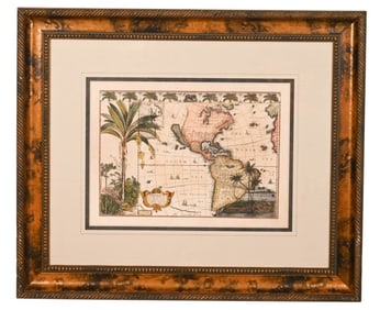 Framed Map of the Americas w Palm Tree Motif
