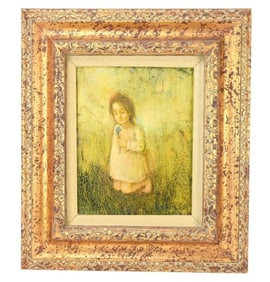 Antique Oil Painting Young Kneeling Girl w Flower