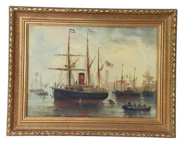 19th C Oil Painting of American Steam Ship