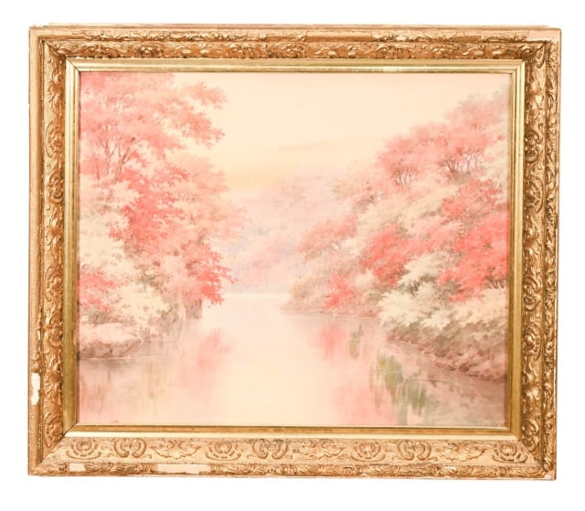 George Inness Jr. Signed Watercolor Fall Landscape: George Inness Jr. Date, American 1854-1926, Signed Watercolor Painting of Fall Landscape. Measures 24 inches x 29 inches, art measures 19 inches x 23 inches. Art is framed under glass.