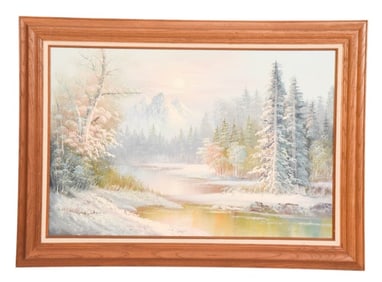 W. Henry Signed Oil Painting Mountain Landscape