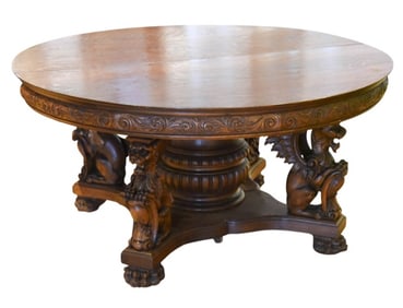 RJ Horner Carved Oak Winged Griffin Base Table