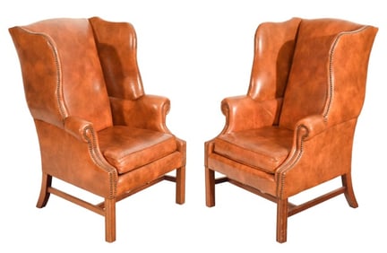 Pair Leather Wingback Chairs w Nail Head Trim