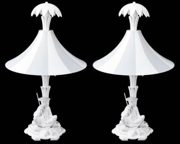 Chinoisserie Lamp w Seated Figure Under Tole Shade