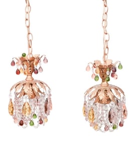 Pair Petite Tole & Colored Crystal Chandeliers