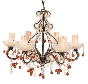 Antique French 6 Light Amber and Glass Chandelier