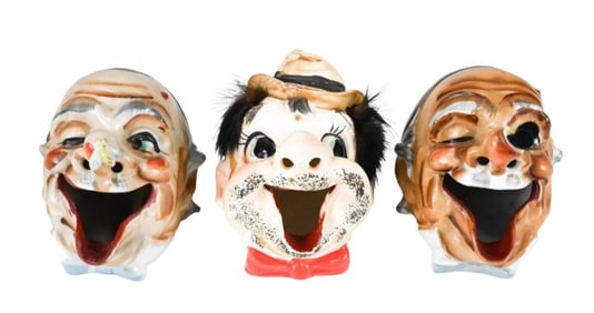 3 Vintage Clown Hand Painted Ashtrays