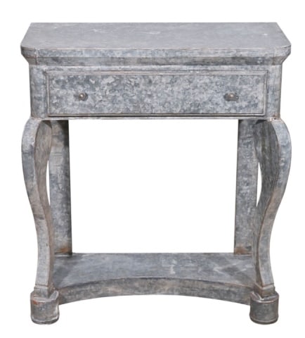 Louis Philippe Galvanized Steel Console Table: French Louis Philippe Style Galvanized Steel Hand Wrought Constructed Console Table with Drawer. Measures 35 inches x 30 inches x 14 inches.