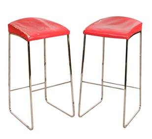 Pair Contemporary Leather Chrome Base Bar Stools