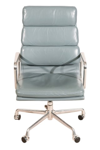 Herman Miller Eames Soft Pad Executive Chair: Herman Miller Eames Soft Pad Executive Light Blue Leather Chair. Some wear to leather. Sold as isMeasures 40 inches x 24 inches x 20 inches, seat height 18 inches.