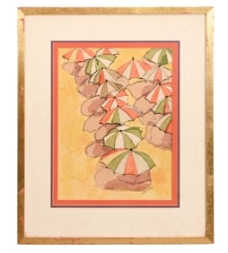 Capasso Signed Mixed Media Collage Beach Umbrellas