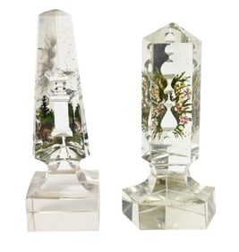 2 Antique Cut Crystal Prism Hand Painted Memorial