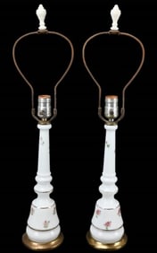 Pair Antique Hand Painted Milk Glass Table Lamps