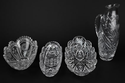 3 Antique Brilliant Cut Glass Dishes & Pitcher